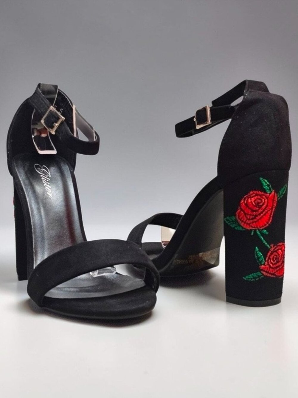 Black Faux Suede Block Heel Sandals With Rose Embroidery & Ankle Strap